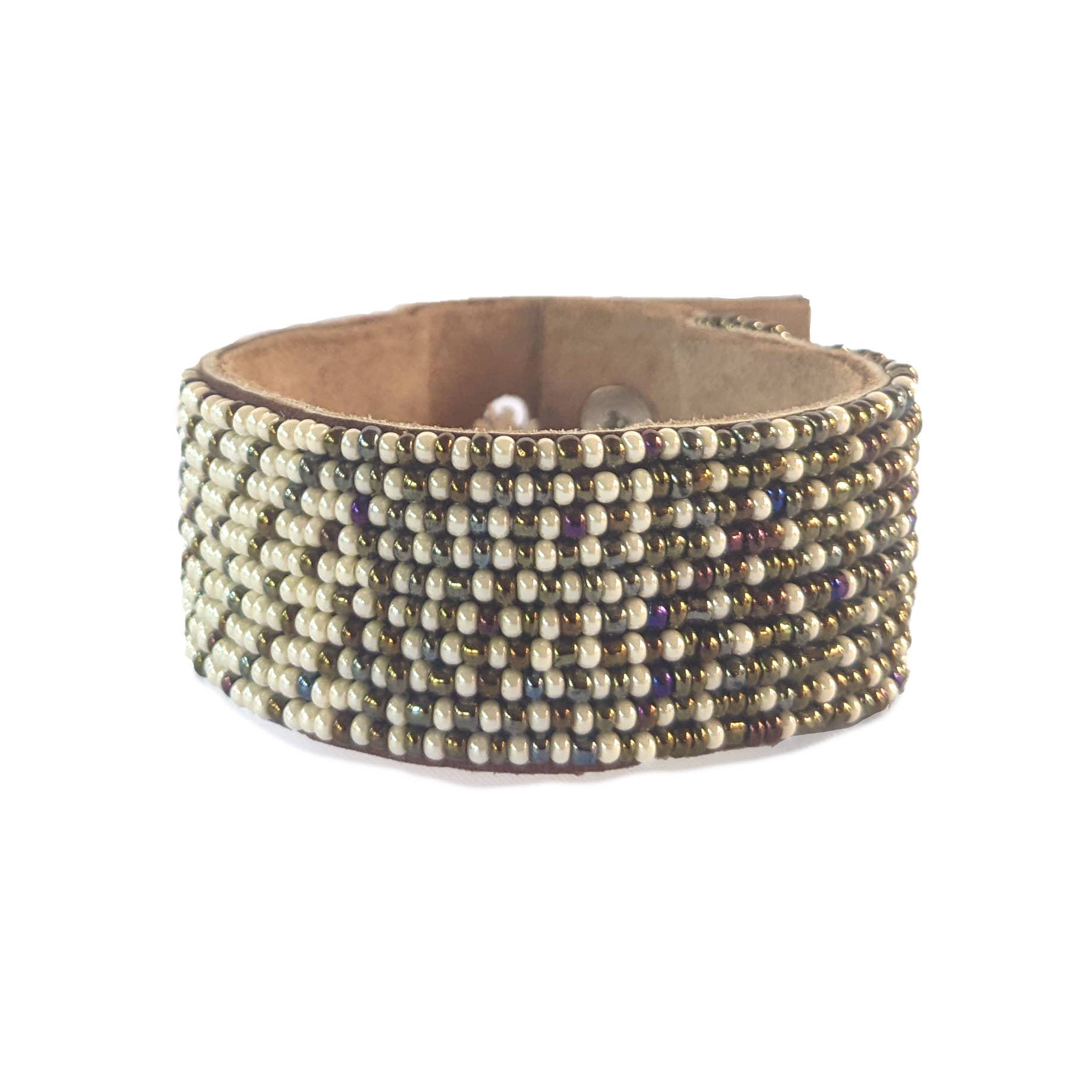 Medium Ombre Rainbow and Pearl Beaded Leather Cuff
