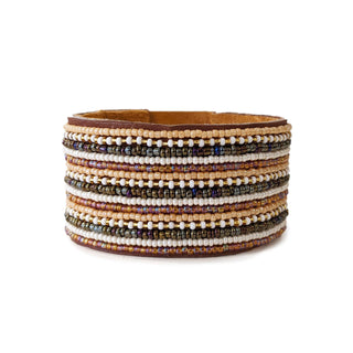Large Stripes Light Neutral Beaded Leather Cuff
