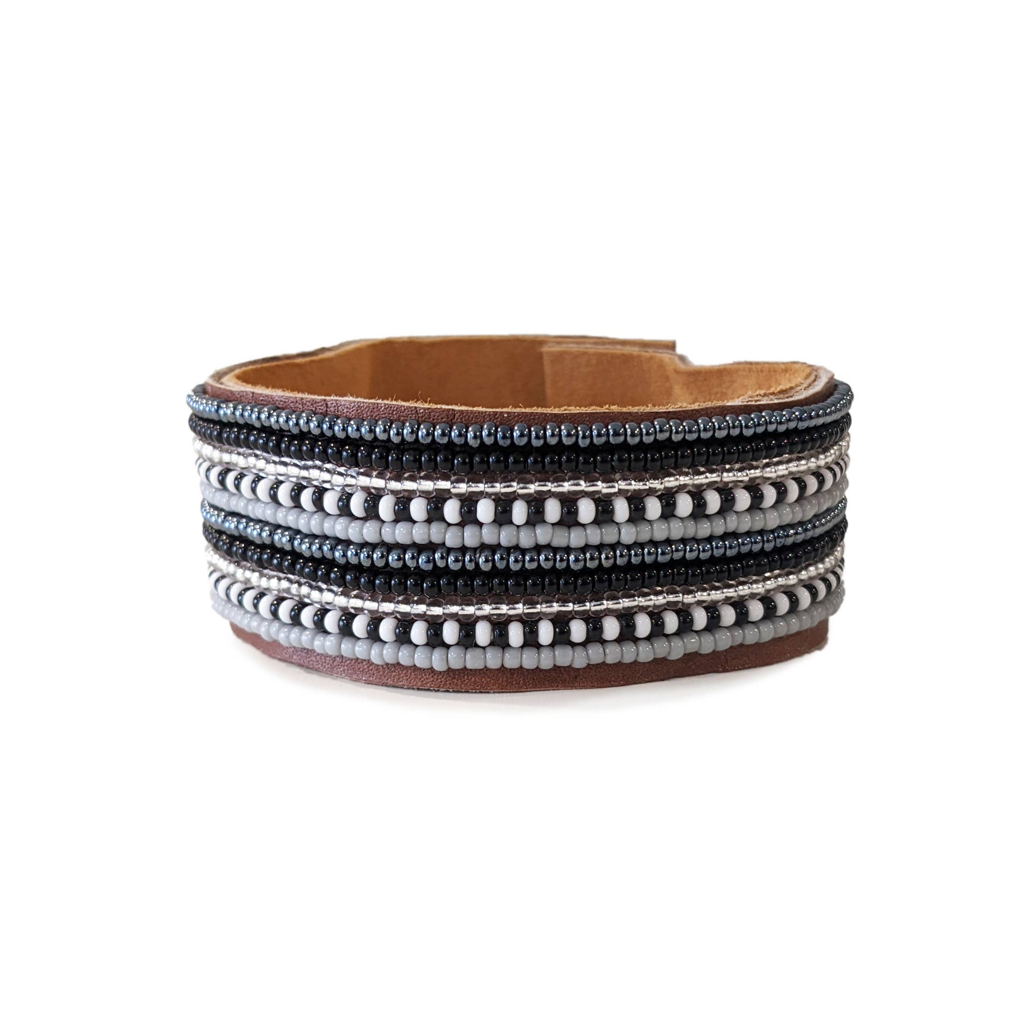 Medium Stripes Twilight Beaded Leather Cuff