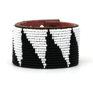 Tri Black & White Beaded Leather Cuffs