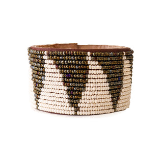 Large Tri Rainbow and Pearl Beaded Leather Cuff