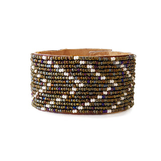 Large Chevron Rainbow and Pearl Beaded Leather Cuff