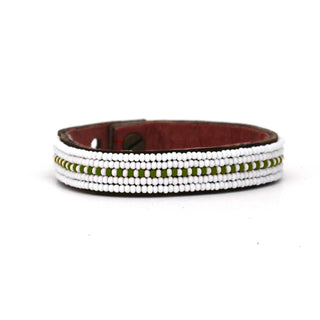 Small Olive Green Dashes Beaded Leather Cuff - Ltd Edition