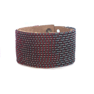 Large Ombre Garnet and Slate Beaded Leather Cuff